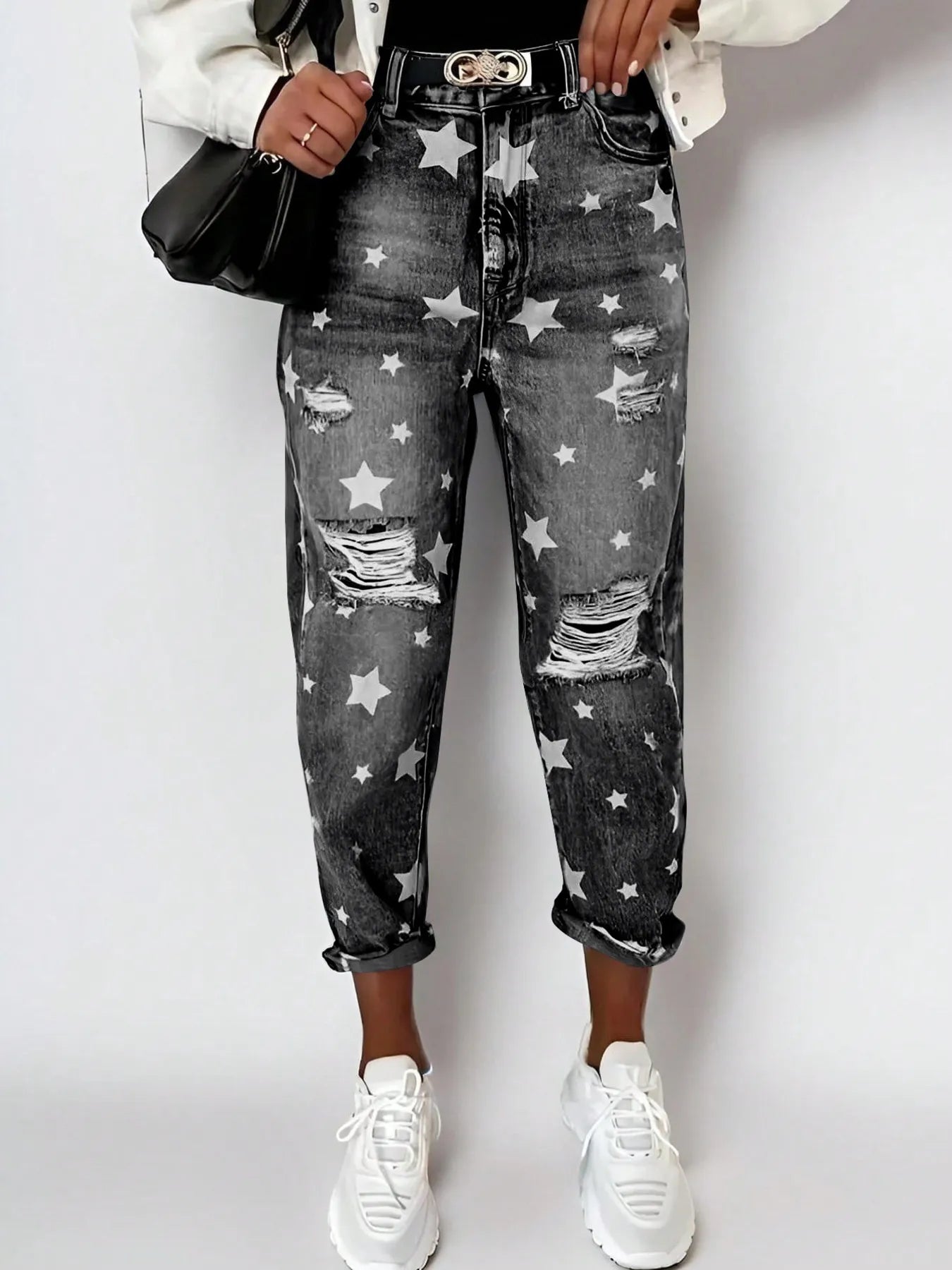 Star Print Distressed High Waist Boyfriend Jeans - Jeans Junction Online