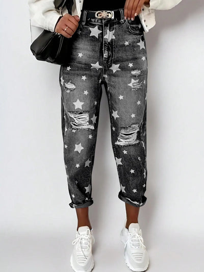 Star Print Distressed High Waist Boyfriend Jeans - Jeans Junction Online