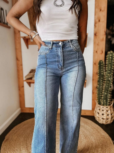 High-Waisted Wide Leg Cuffed Jeans - Jeans Junction Online