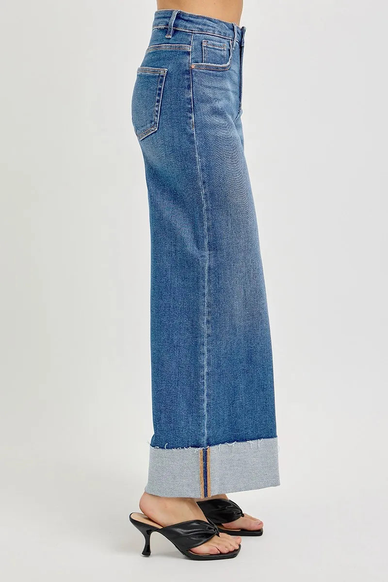 RISEN Full Size Tummy Control High Rise Crop Wide Cuffed Jeans Plus Size - Jeans Junction Online