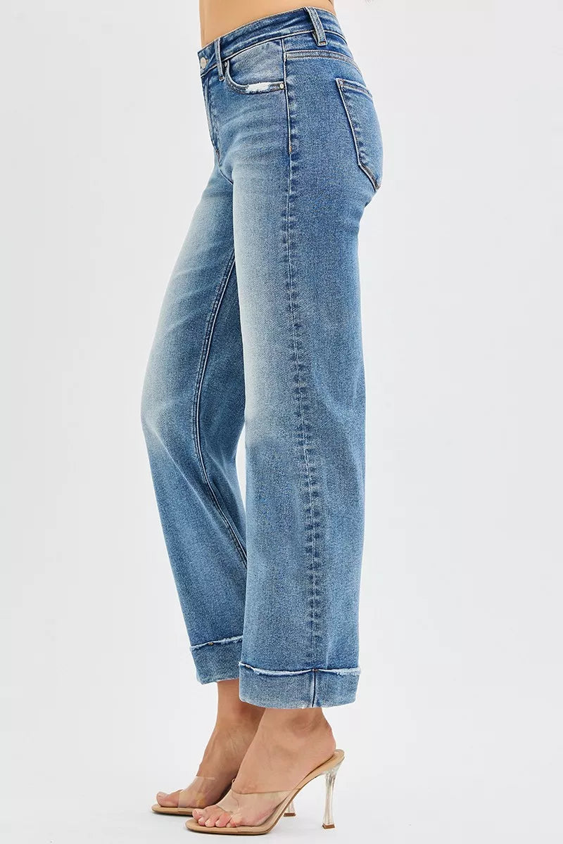 RISEN Full Size Mid Rise Crop Straight Jeans with Taylor Cuffed Plus Size - Jeans Junction Online