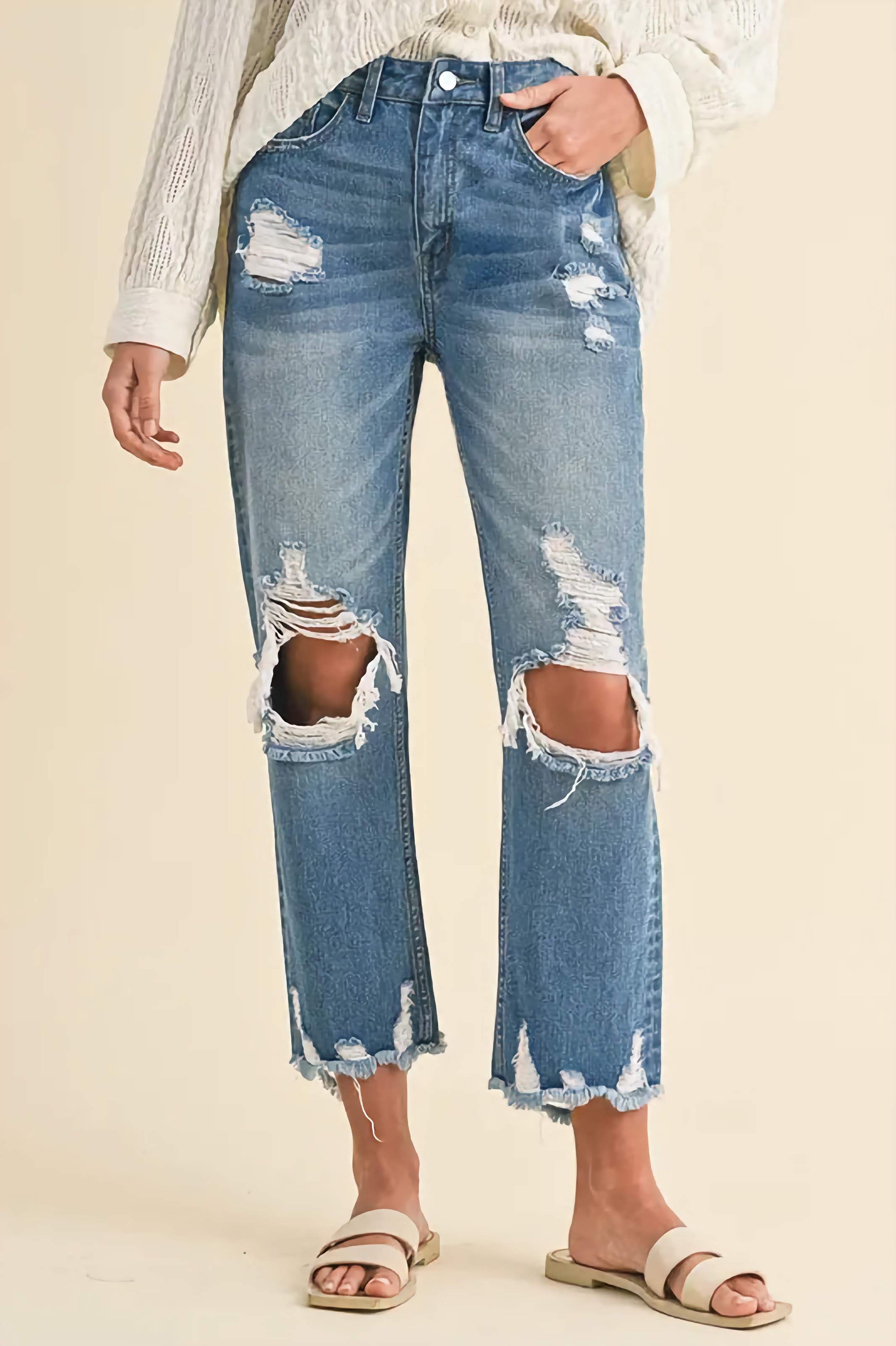 Annie Wear Distressed Raw Hem Cropped Jeans - Jeans Junction Online