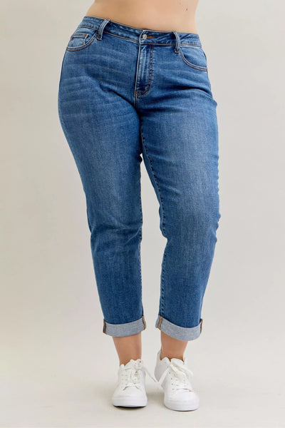 Judy Blue Full Size Mid Rise BF Classic Cuffed Jeans Plus Size - Jeans Junction Online
