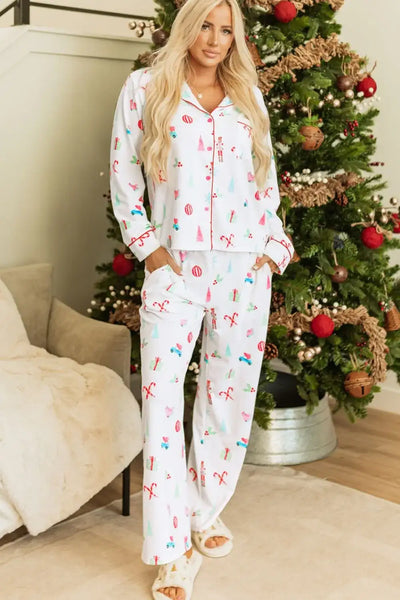 Christmas Printed Collared Neck Top and Pants Lounge Set - Jeans Junction Online