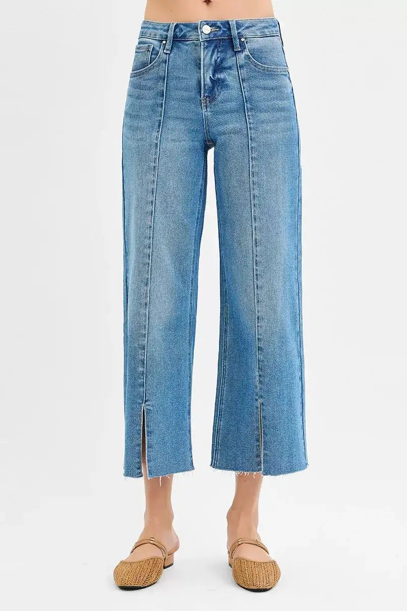 RISEN Tummy Control Mid Rise Crop Wide Front Slit Jeans - Jeans Junction Online