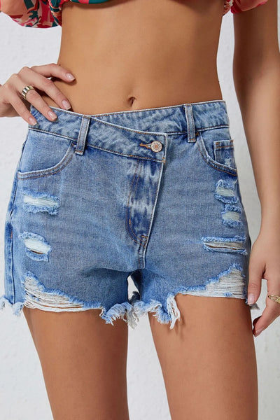 High Rise Crossover Waist Denim Shorts - Jeans Junction Online