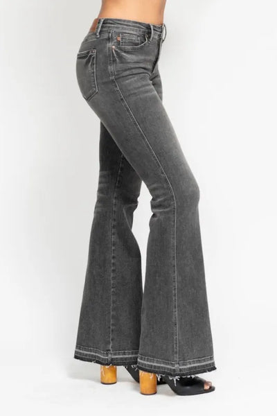 Judy Blue Full Size Mid Rise Tummy Control Washed Gray Release Hem Flare Jeans Plus Size - Jeans Junction Online