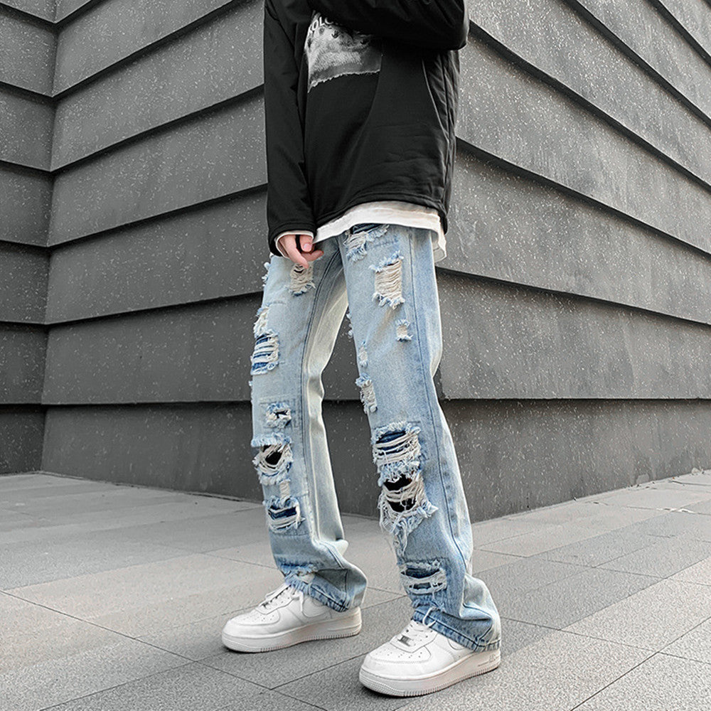 Men's Straight Irregular Trendy Ripped Jeans - Jeans Junction Online
