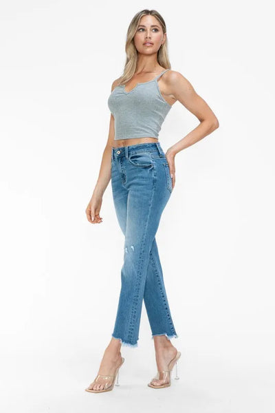 bytos Raw Hem Distressed Mid Rise Crop Jeans - Jeans Junction Online