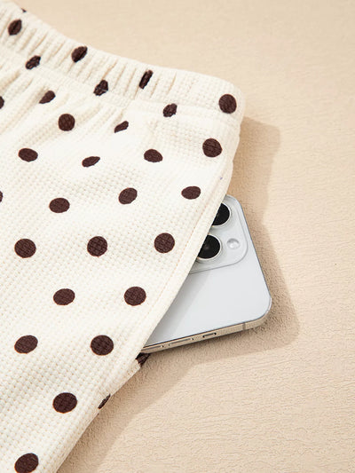 Polka Dot Notched Long Sleeve Top and Drawstring Joggers Lounge Set - Jeans Junction Online