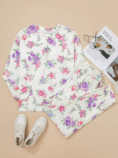 Floral Print Round Neck Top and Drawstring Pants Lounge Set - Jeans Junction Online