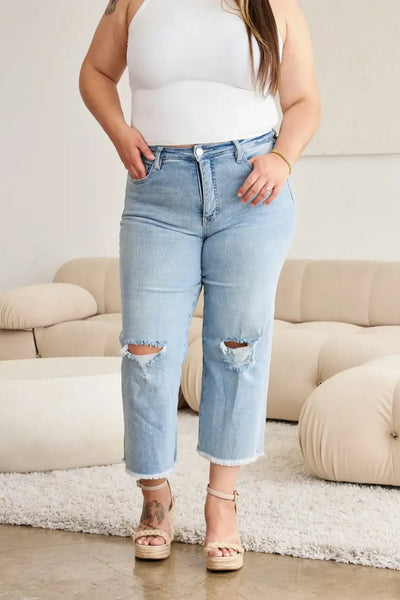 RFM Full Size Tummy Control High Waist Raw Hem Distressed Jeans - Jeans Junction Online