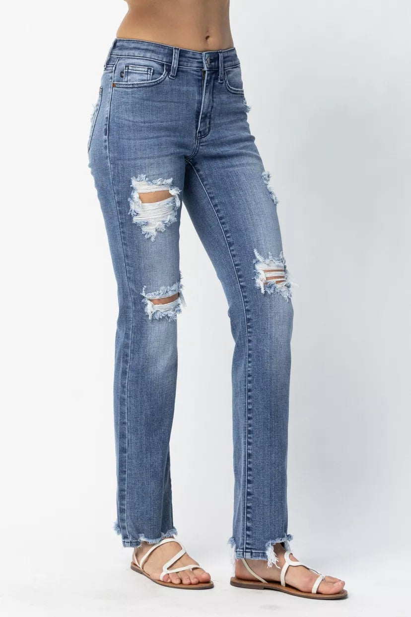 Judy Blue Full Size Mid Rise Destroy Straight Jeans Plus Size - Jeans Junction Online