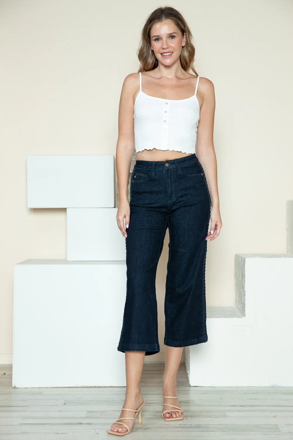 Judy Blue Full Size Side Seam Braid Detail Crop Wide Leg Jeans - Jeans Junction Online