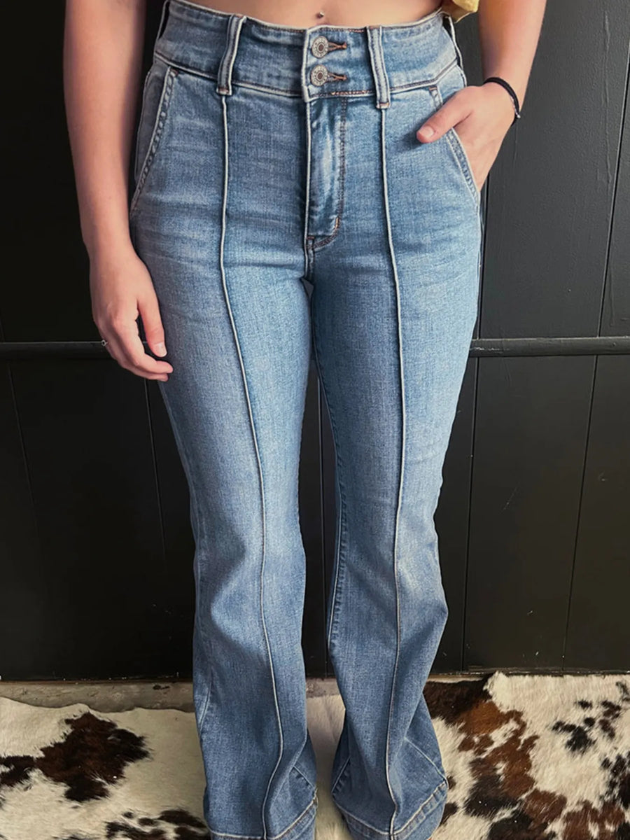 High-Waisted Flare Jeans with Seam Detail - Jeans Junction Online 