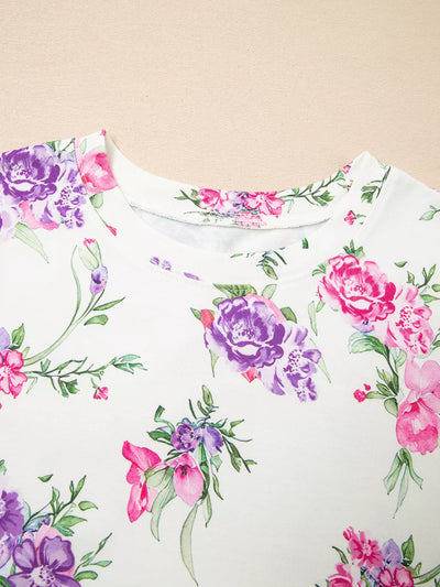 Floral Print Round Neck Top and Drawstring Pants Lounge Set - Jeans Junction Online