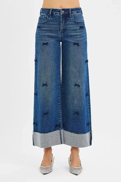 RISEN High Rise Crop Wide Leg Ribbon Detail Jeans - Jeans Junction Online