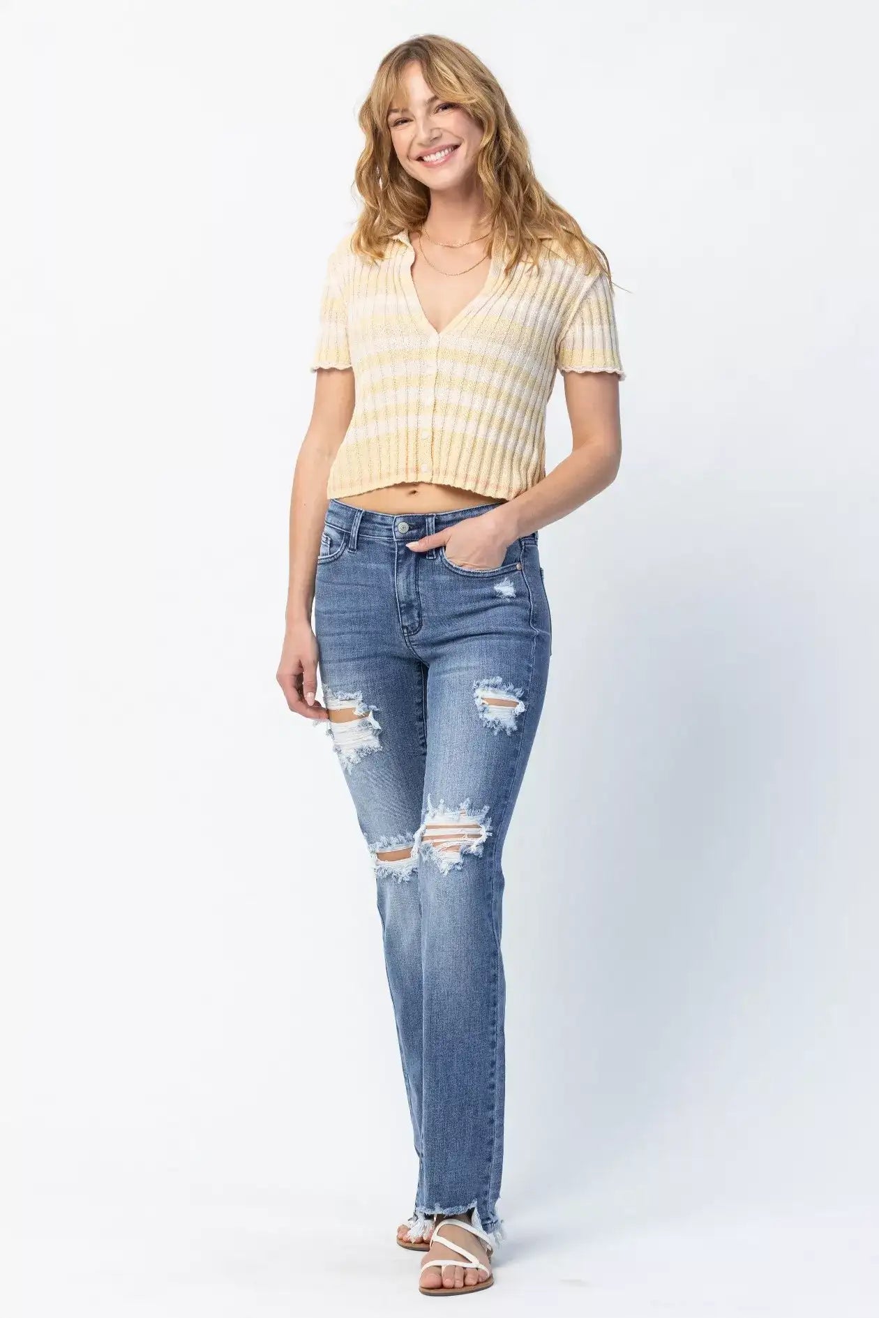 Judy Blue Full Size Mid Rise Destroy Straight Jeans Plus Size - Jeans Junction Online