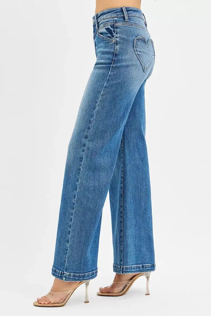 RISEN High Rise Wide Leg Jenas with Front Yoke and Heart Back Pocket - Jeans Junction Online