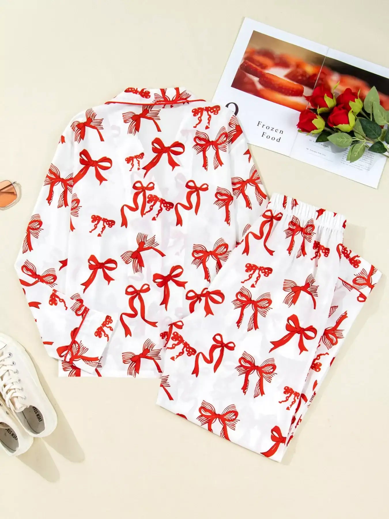 Christmas Bow Print Top and Pants 2pcs Pajama Set - Jeans Junction Online