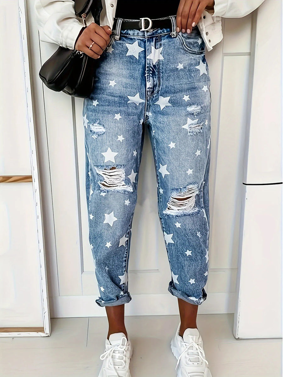 Star Print Distressed High Waist Boyfriend Jeans - Jeans Junction Online 