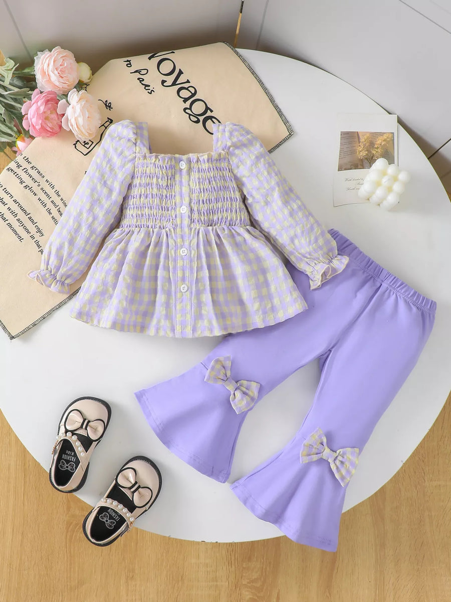 Children's Gingham Smocked Top and Bow Pants Set - Jeans Junction Online 