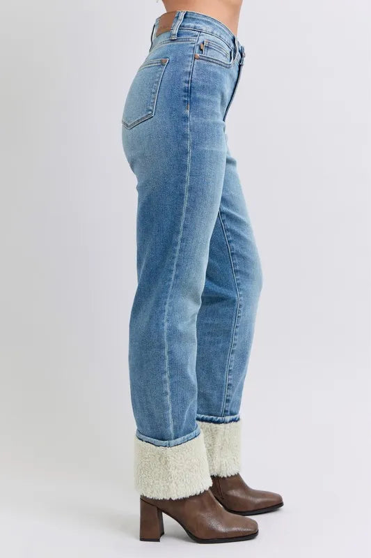 Judy Blue Full Size High Waist Shearling Cuff Straight Plus Size - Jeans Junction Online