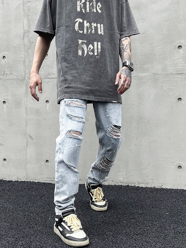 Distressed Slim-fit Jeans With Ripped Holes And Knife Cut With Splash Ink - Jeans Junction Online