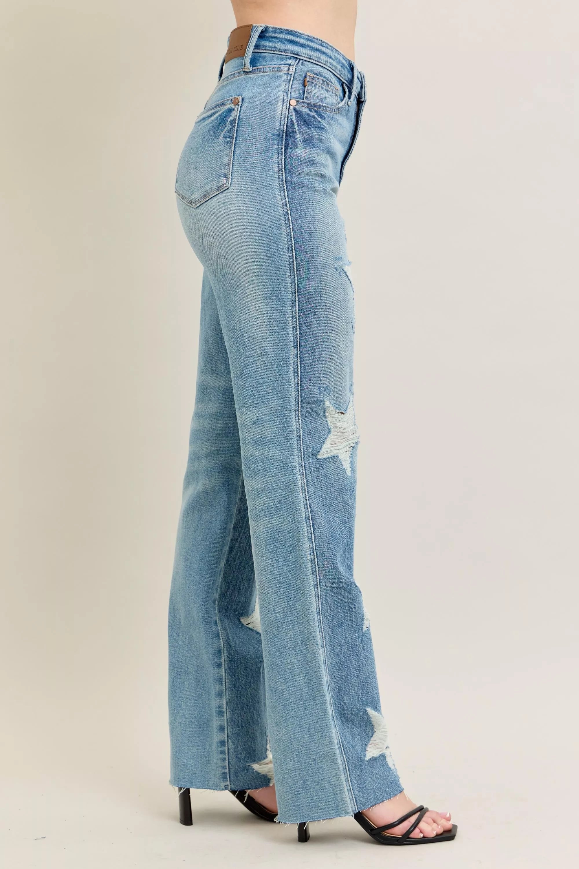 Judy Blue Full Size High Waist Rigid Magic Star Shaped Destroy 90's Straight Jeans Plus Size - Jeans Junction Online
