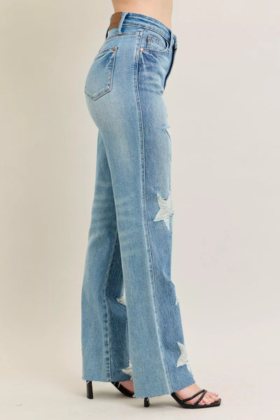 Judy Blue Full Size High Waist Rigid Magic Star Shaped Destroy 90's Straight Jeans Plus Size - Jeans Junction Online