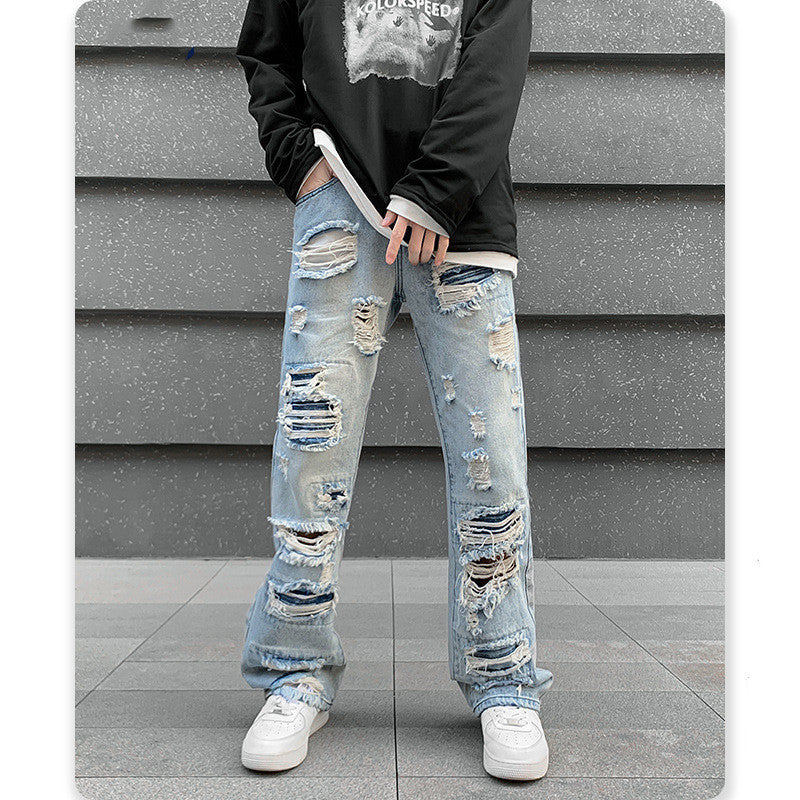 Men's Straight Irregular Trendy Ripped Jeans - Jeans Junction Online