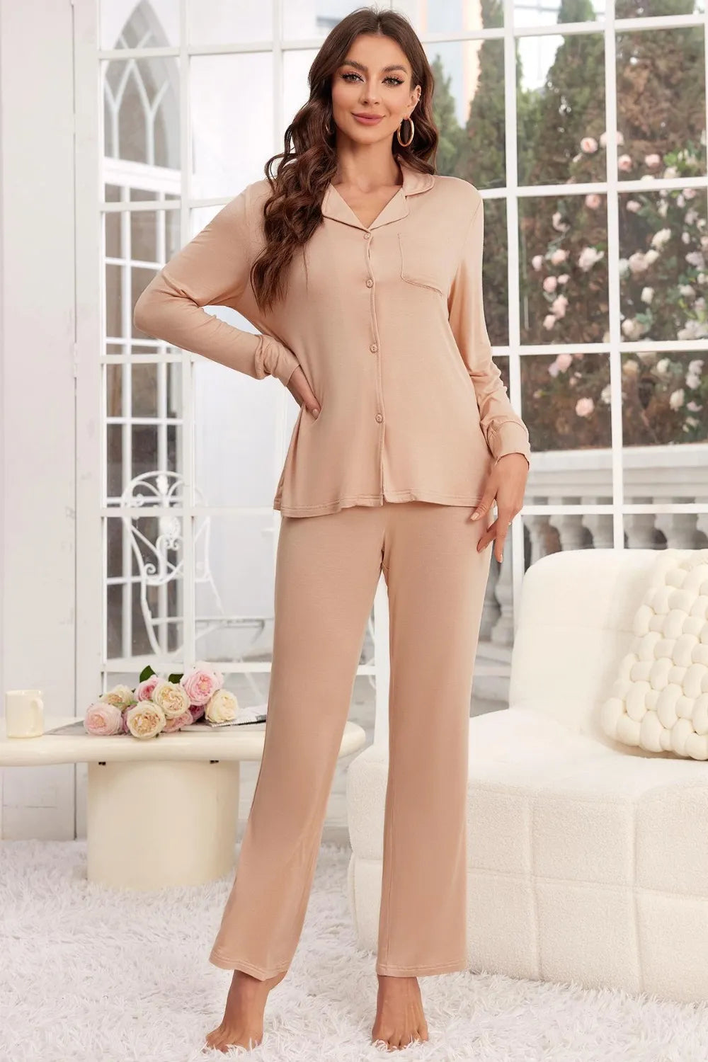 Button Up Long Sleeve Top and Pants Lounge Set - Jeans Junction Online
