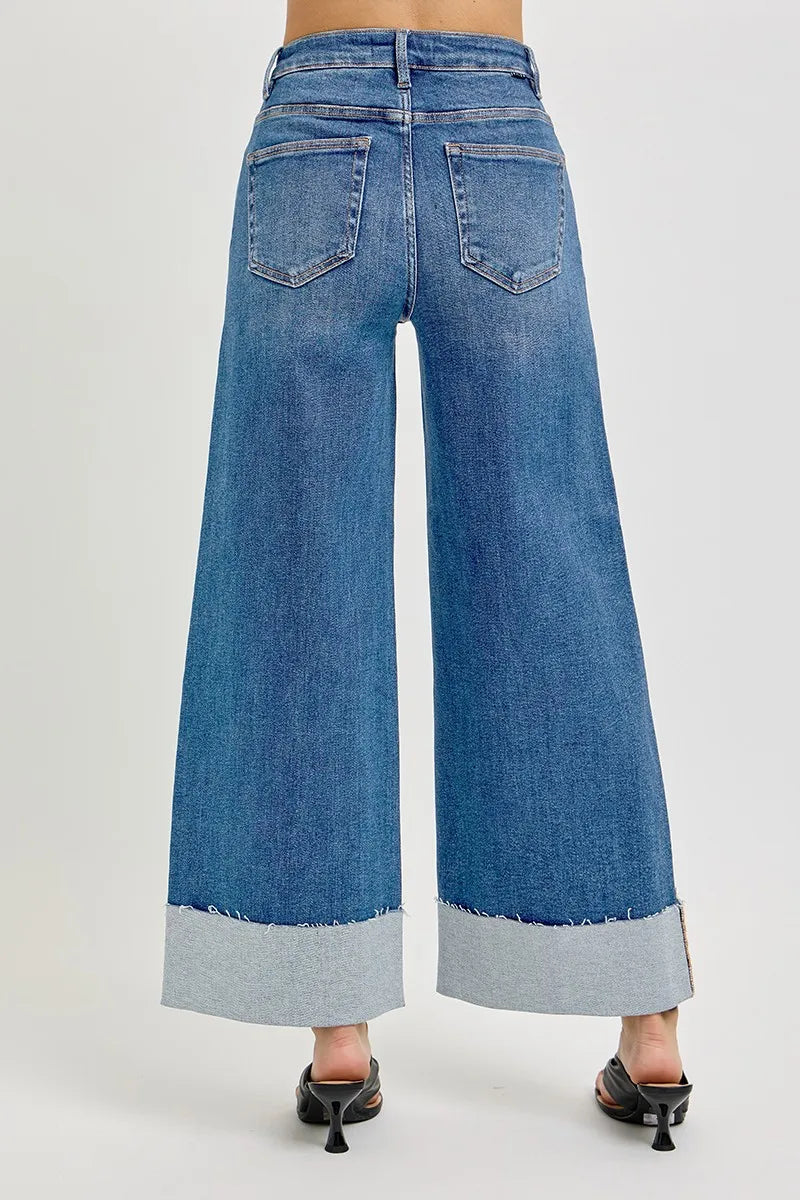 RISEN Full Size Tummy Control High Rise Crop Wide Cuffed Jeans Plus Size - Jeans Junction Online