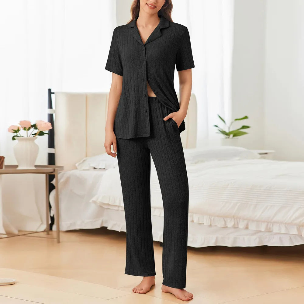 Button Down Long Sleeve Top and Pants Lounge Set - Jeans Junction Online