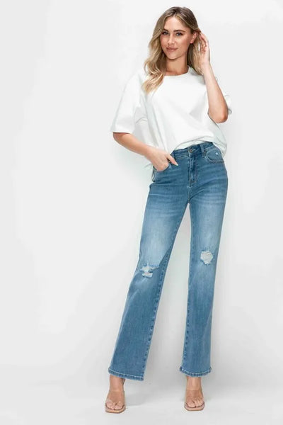 bytos Full Size Distressed High Rise Straight Jeans - Jeans Junction Online