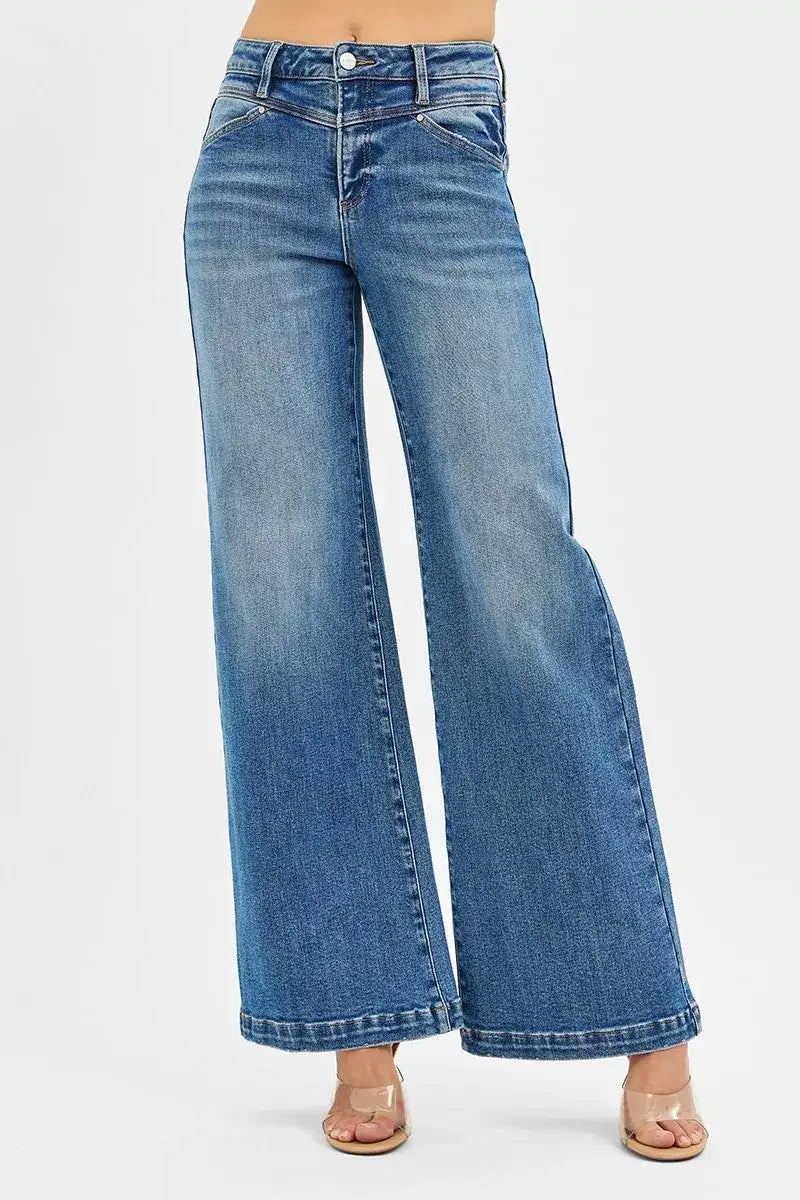RISEN High Rise Wide Leg Jenas with Front Yoke and Heart Back Pocket - Jeans Junction Online