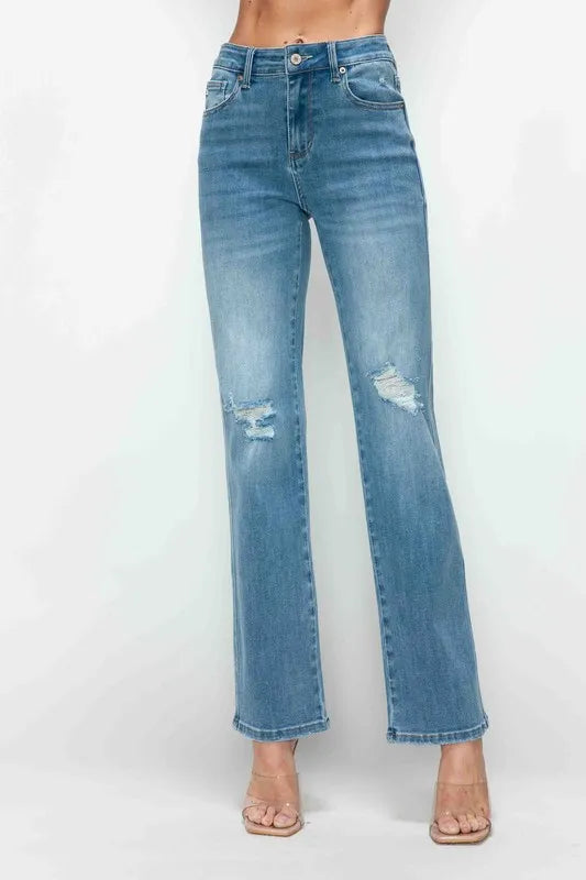 bytos Full Size Distressed High Rise Straight Jeans - Jeans Junction Online
