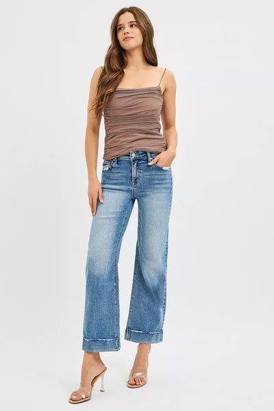 RISEN Full Size Mid Rise Crop Straight Jeans with Taylor Cuffed Plus Size - Jeans Junction Online