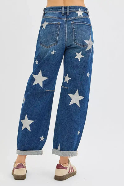 RISEN Mid Rise Ankle Length Relaxed Barrel Star Printed Jeans - Jeans Junction Online