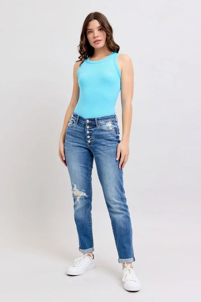 Judy Blue Full Size Button Fly Distressed Jeans with Pockets Plus Size - Jeans Junction Online