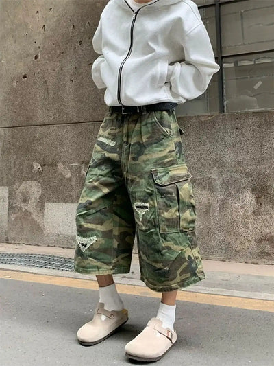 Men's Plus Size Distressed Camouflage Cargo Capris Jeans - Jeans Junction Online