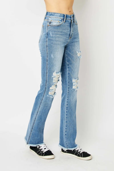 Judy Blue Full Size Distressed Raw Hem Bootcut Jeans - Jeans Junction Online