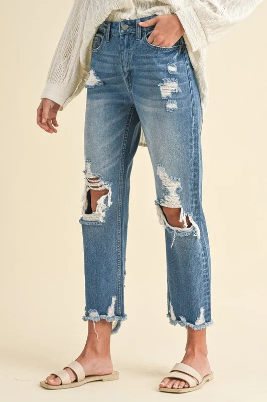 Annie Wear Distressed Raw Hem Cropped Jeans - Jeans Junction Online