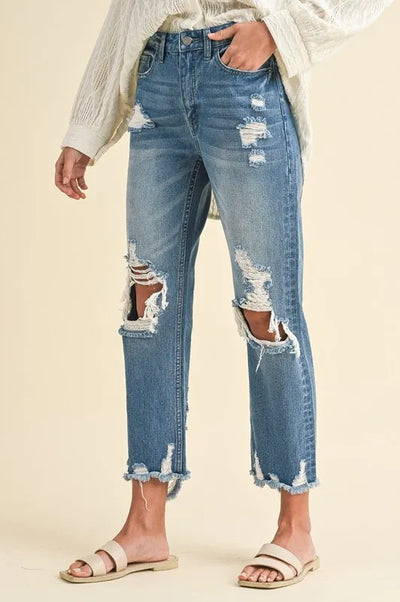 Annie Wear Distressed Raw Hem Cropped Jeans - Jeans Junction Online