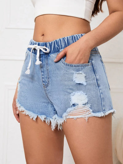 Distressed Drawstring Raw Hem Denim Shorts - Jeans Junction Online