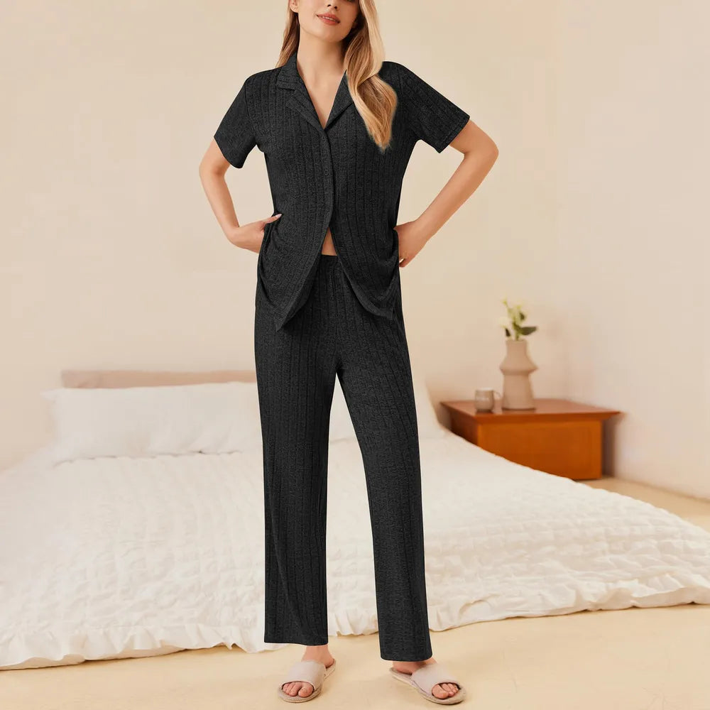 Button Down Long Sleeve Top and Pants Lounge Set - Jeans Junction Online