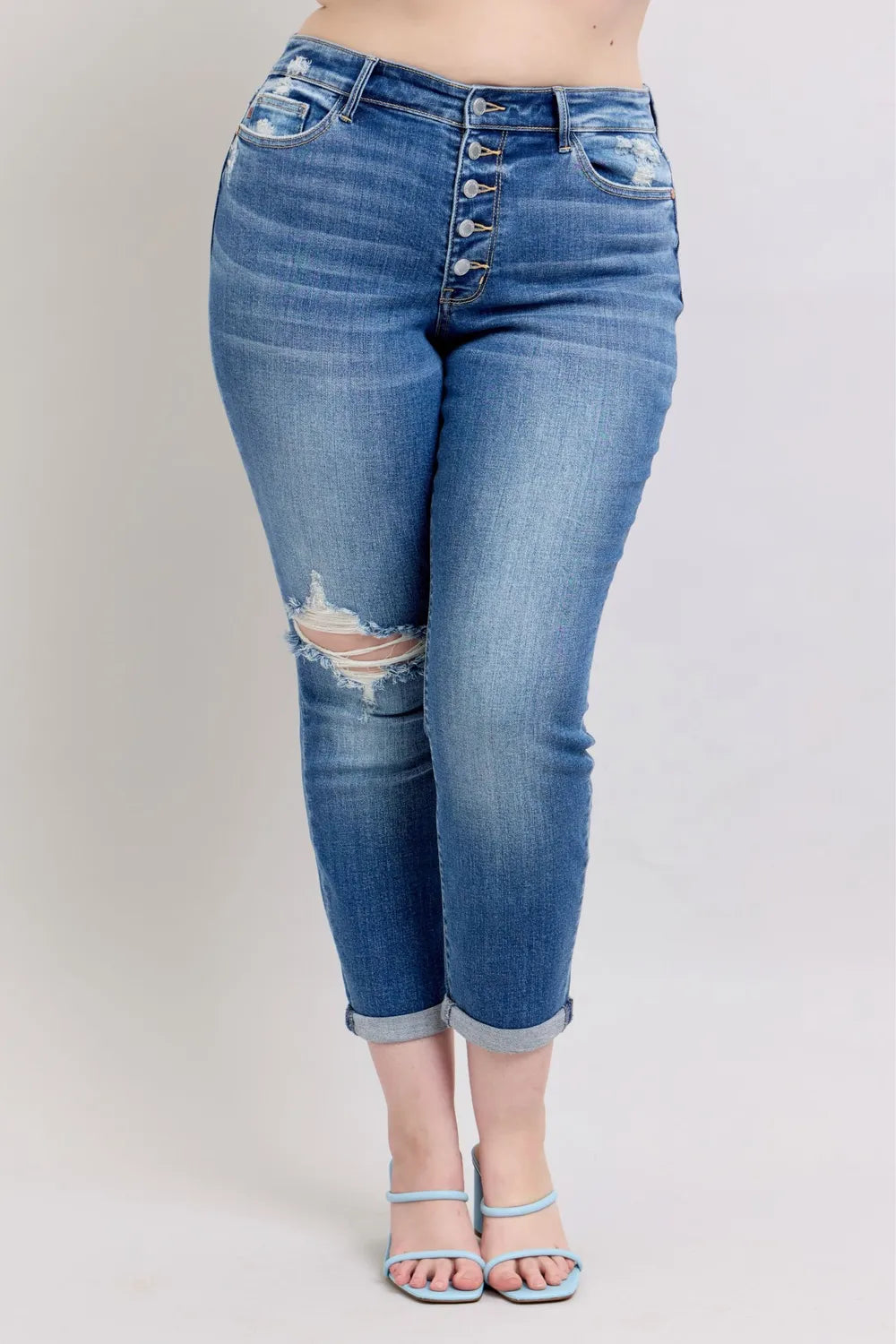 Judy Blue Full Size Button Fly Distressed Jeans with Pockets Plus Size - Jeans Junction Online