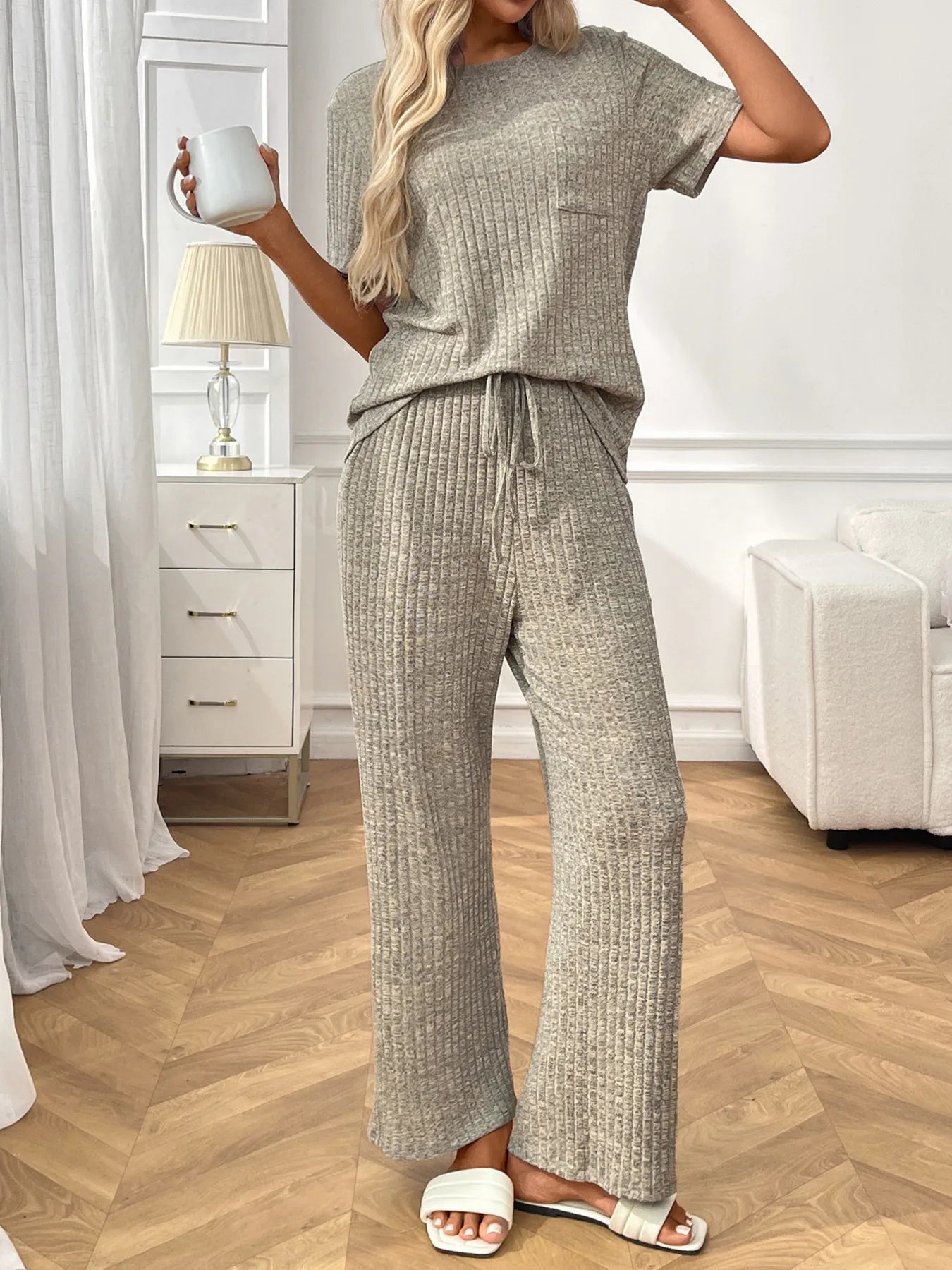 Ribbed Knit Short Sleeve Top and Pants Lounge Set - Jeans Junction Online