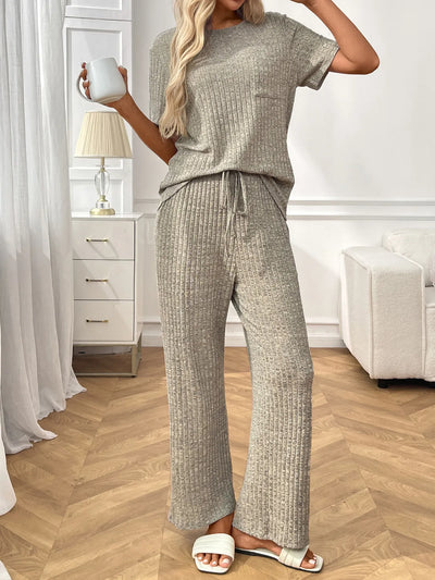 Ribbed Knit Short Sleeve Top and Pants Lounge Set - Jeans Junction Online