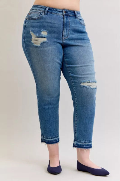 Judy Blue Full Size Mid Rise Bf Patch & Repair Destroy Release Hem Jeans Plus Size - Jeans Junction Online